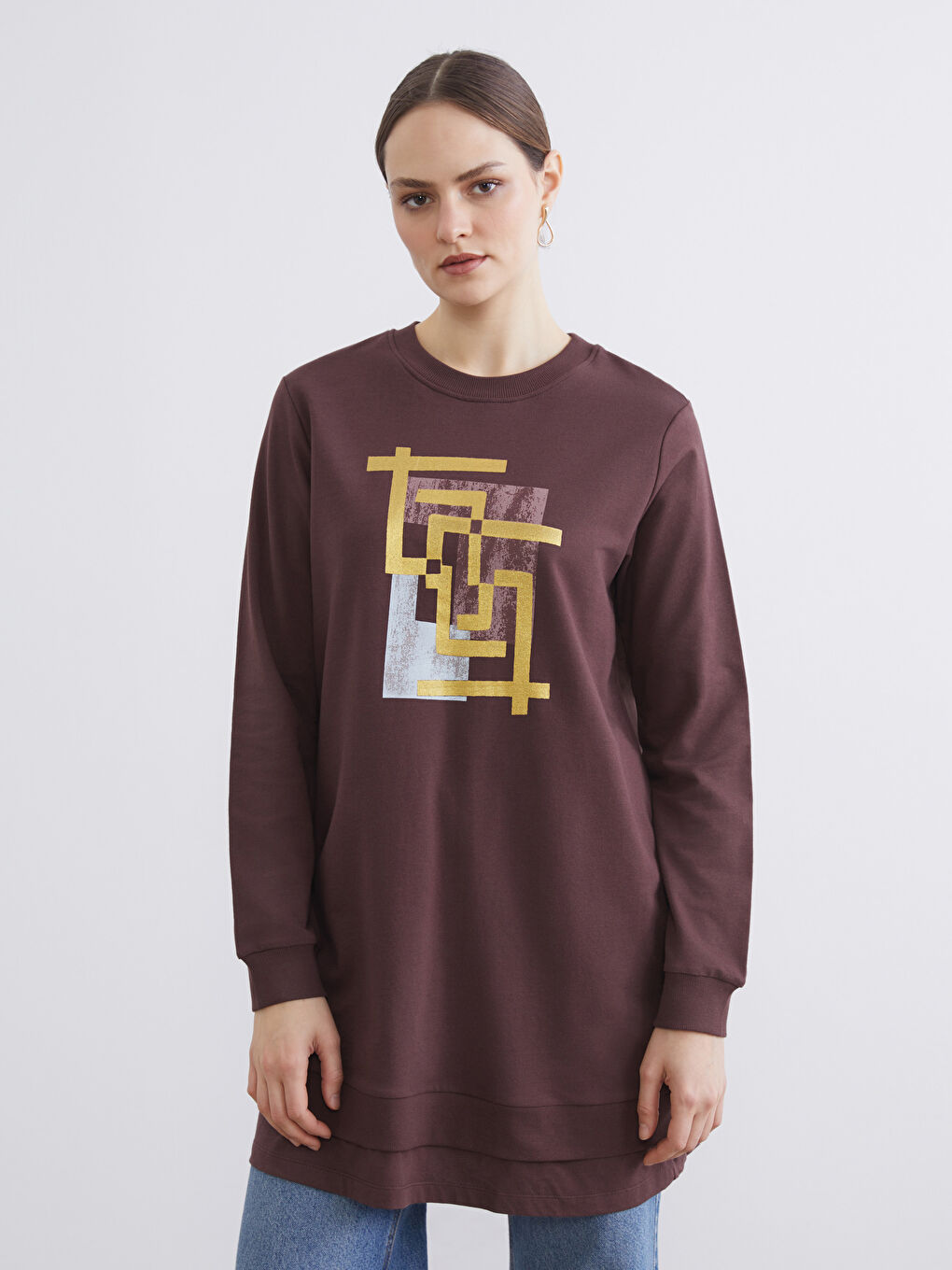 Kahverengi Bisiklet Yaka Baskılı Kadın Sweatshirt Tunik