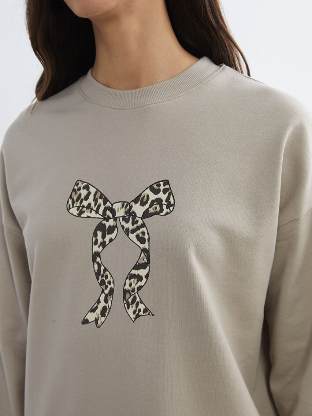 Bej Baskılı Oversize Kadın Sweatshirt Tunik-2