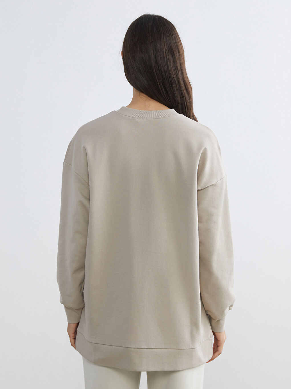 Bej Baskılı Oversize Kadın Sweatshirt Tunik-3