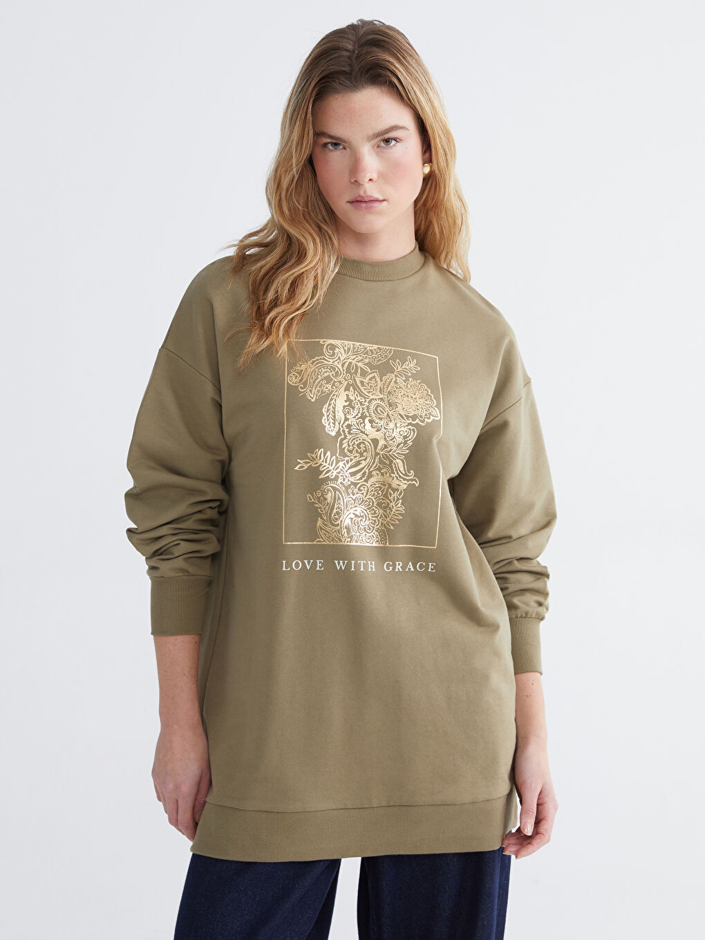 Haki Baskılı Oversize Kadın Sweatshirt Tunik