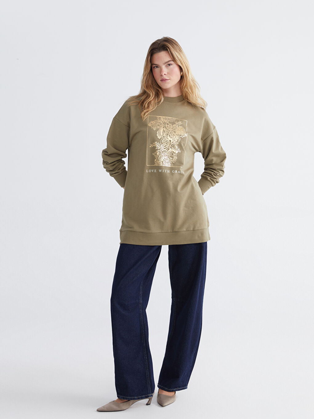 Haki Baskılı Oversize Kadın Sweatshirt Tunik-1
