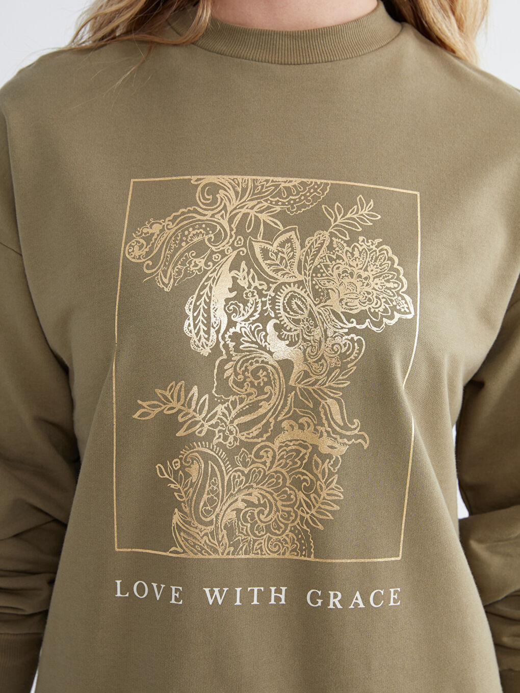 Haki Baskılı Oversize Kadın Sweatshirt Tunik-2