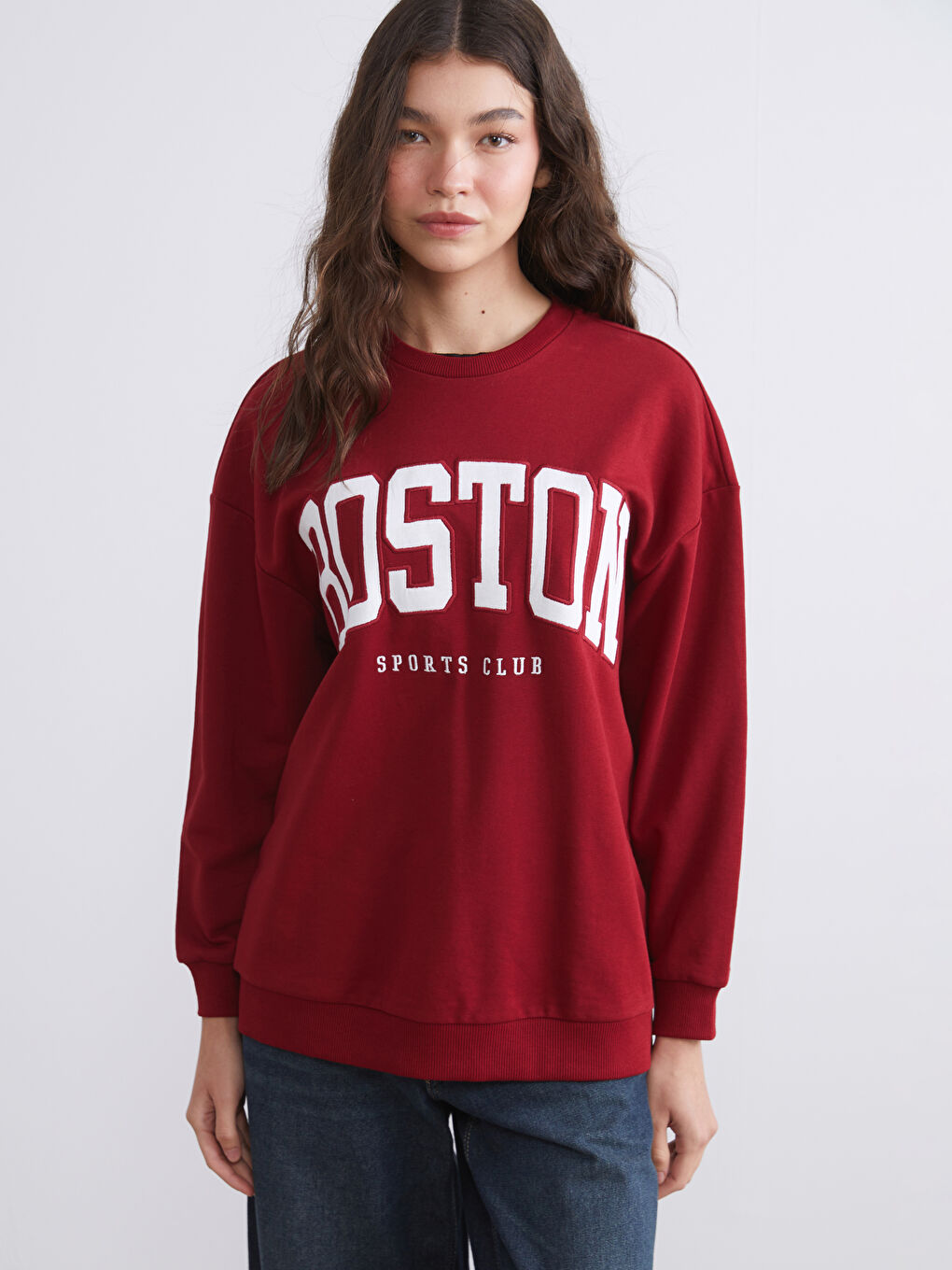 Bordo Boston Baskılı Oversize Kadın Sweatshirt