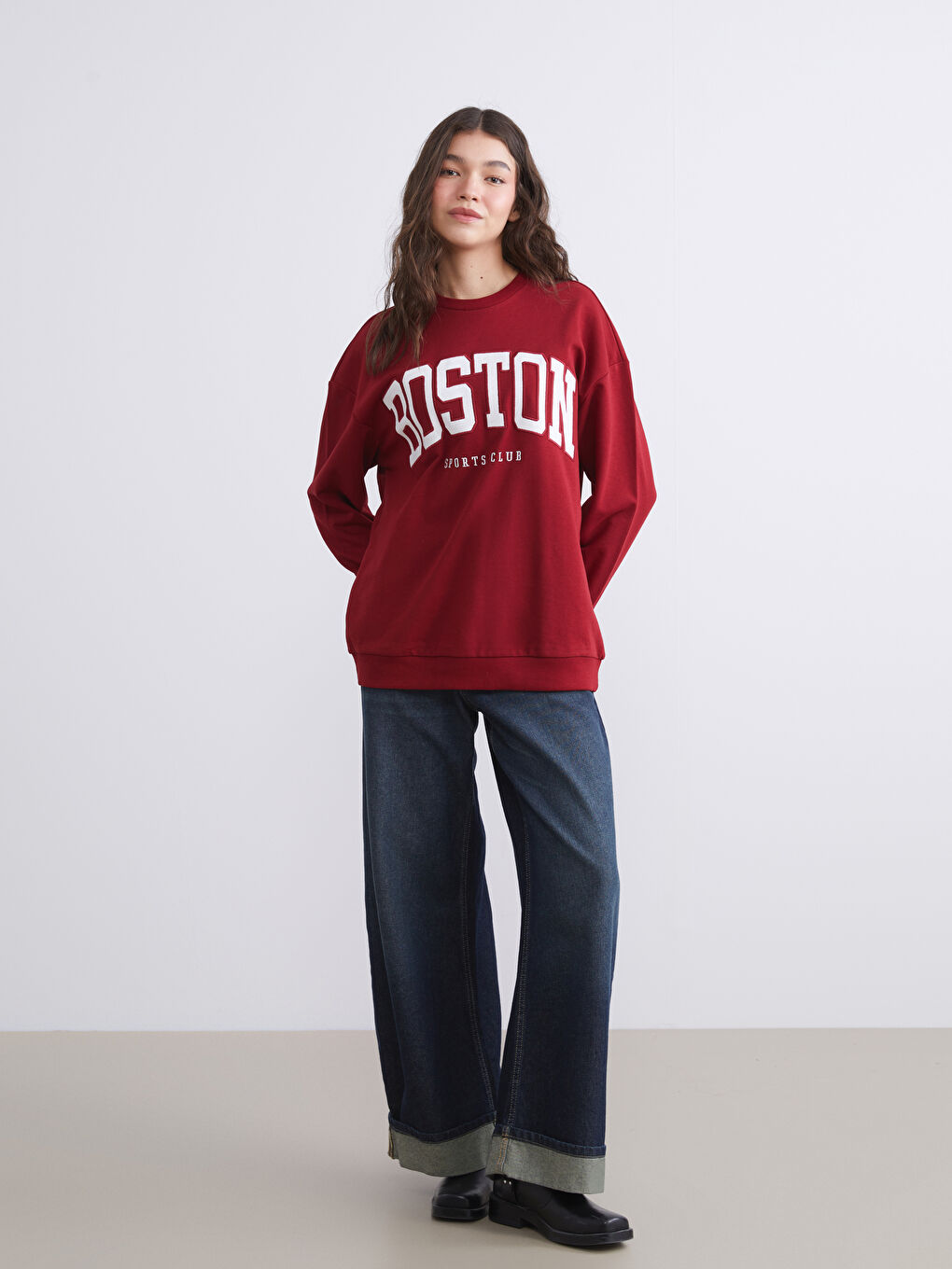 Bordo Boston Baskılı Oversize Kadın Sweatshirt-1