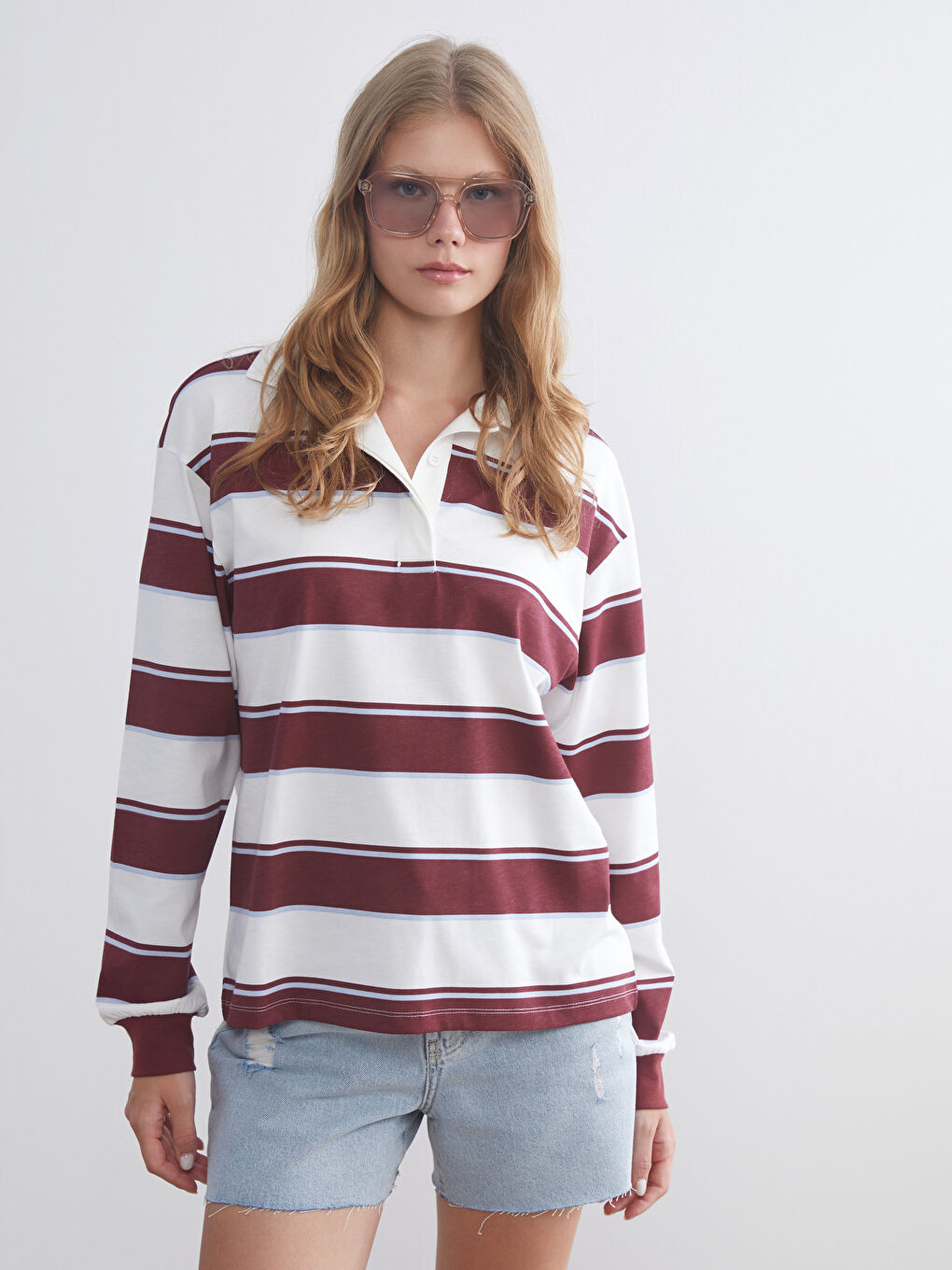 Bordo Polo Yaka Çizgili Oversize Kadın Tişört