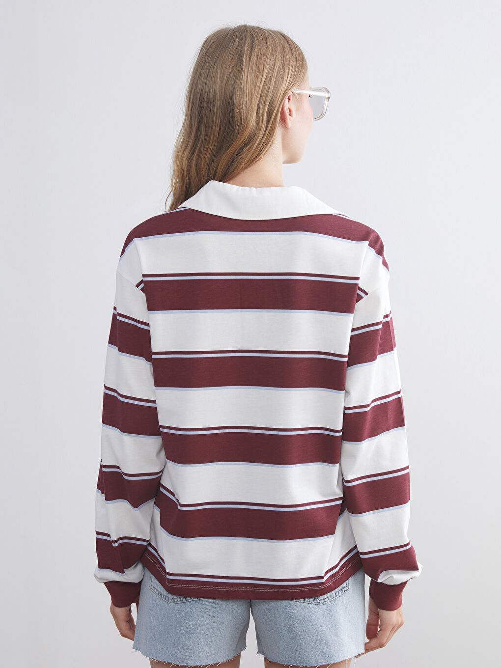 Bordo Polo Yaka Çizgili Oversize Kadın Tişört-3