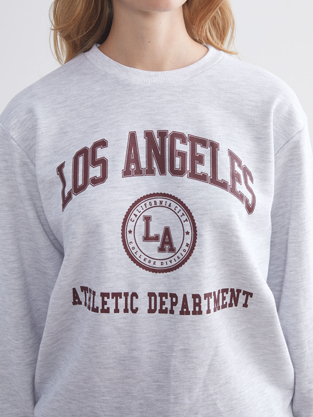 Gri Bisiklet Yaka Los Angeles Baskılı Oversize Kadın Sweatshirt-2
