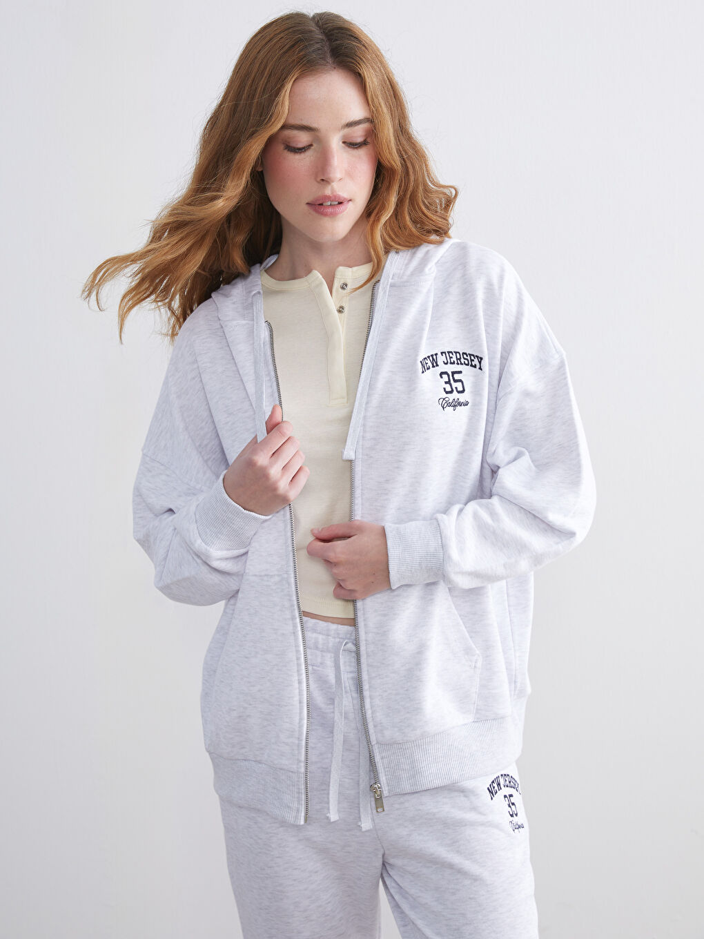 Gri Kapüşonlu Oversize Kadın Kalın Fermuarlı Sweatshirt