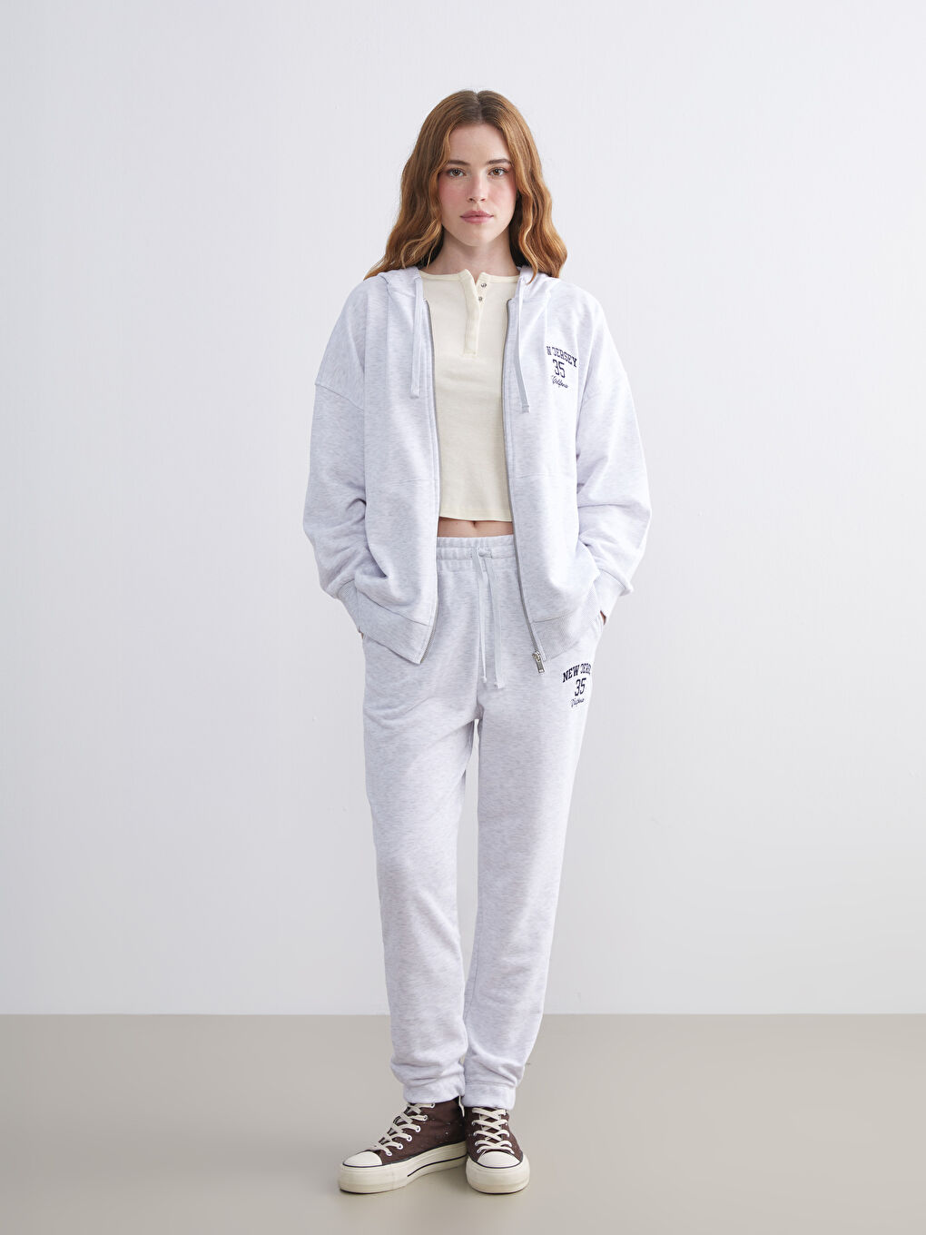 Gri Kapüşonlu Oversize Kadın Kalın Fermuarlı Sweatshirt-1