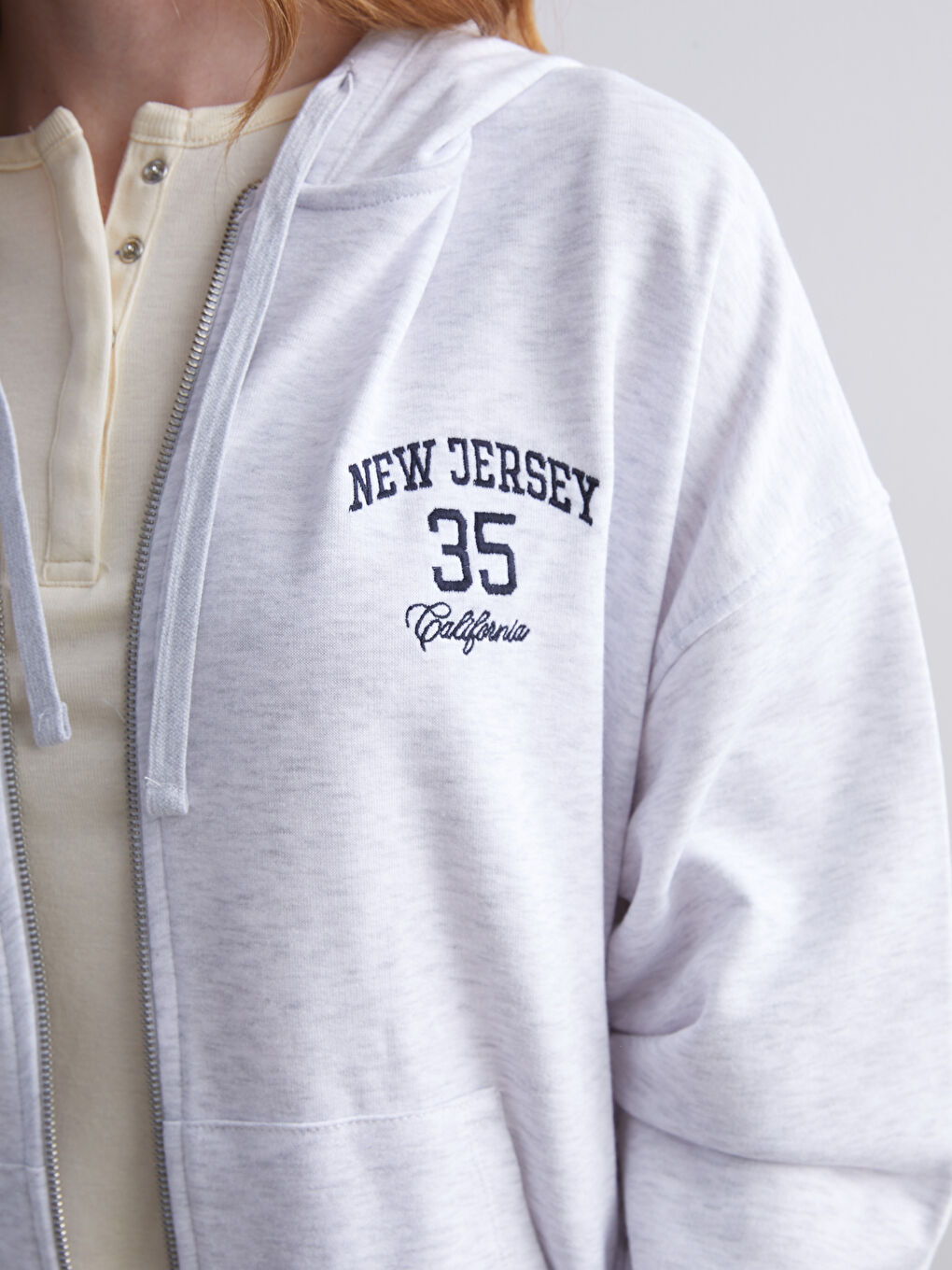 Gri Kapüşonlu Oversize Kadın Kalın Fermuarlı Sweatshirt-2