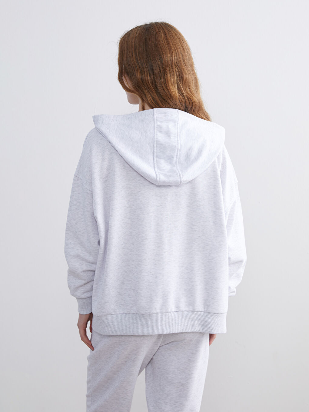 Gri Kapüşonlu Oversize Kadın Kalın Fermuarlı Sweatshirt-3