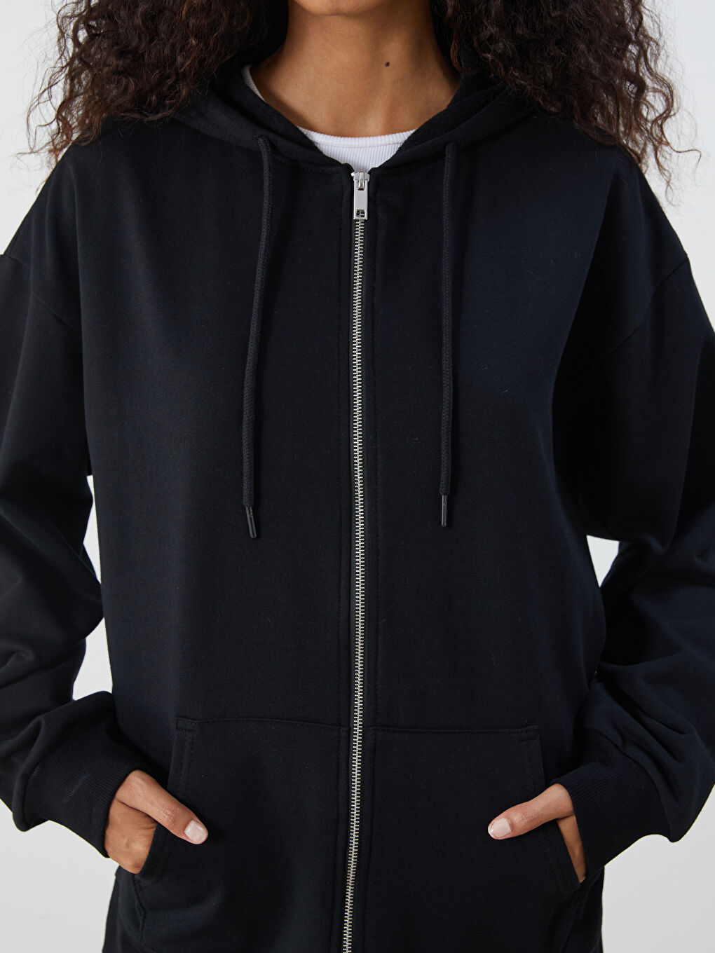 Siyah Kapüşonlu Oversize Kadın Kalın Fermuarlı Sweatshirt-5