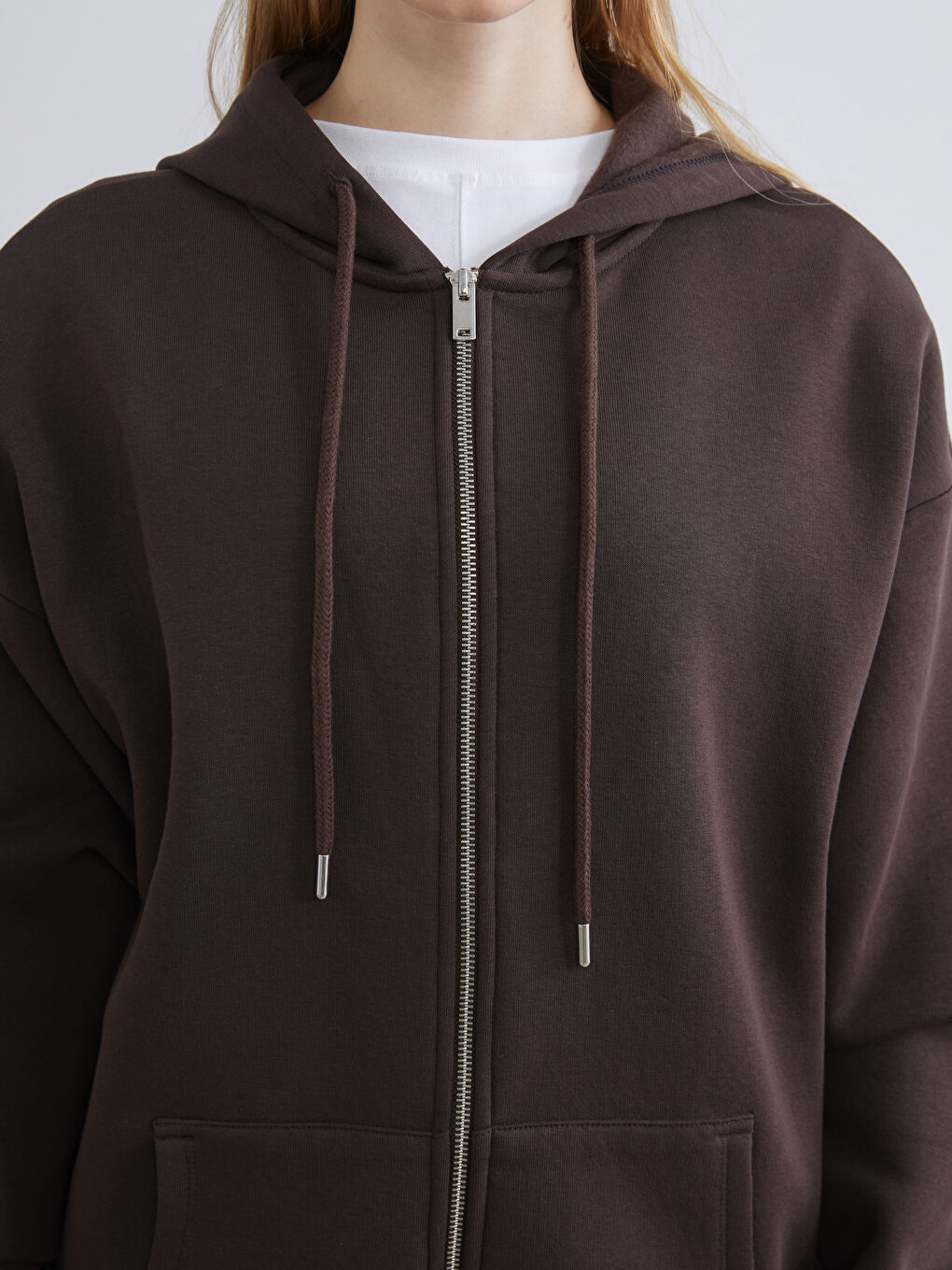 Kahverengi Kapüşonlu Oversize Kadın Kalın Fermuarlı Sweatshirt-2