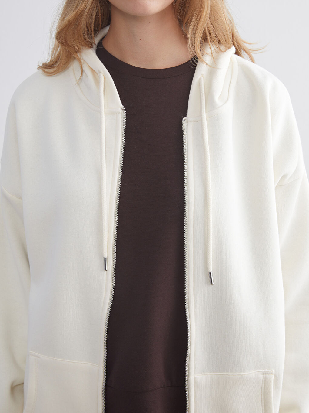 Bej Kapüşonlu Oversize Kadın Kalın Fermuarlı Sweatshirt-2