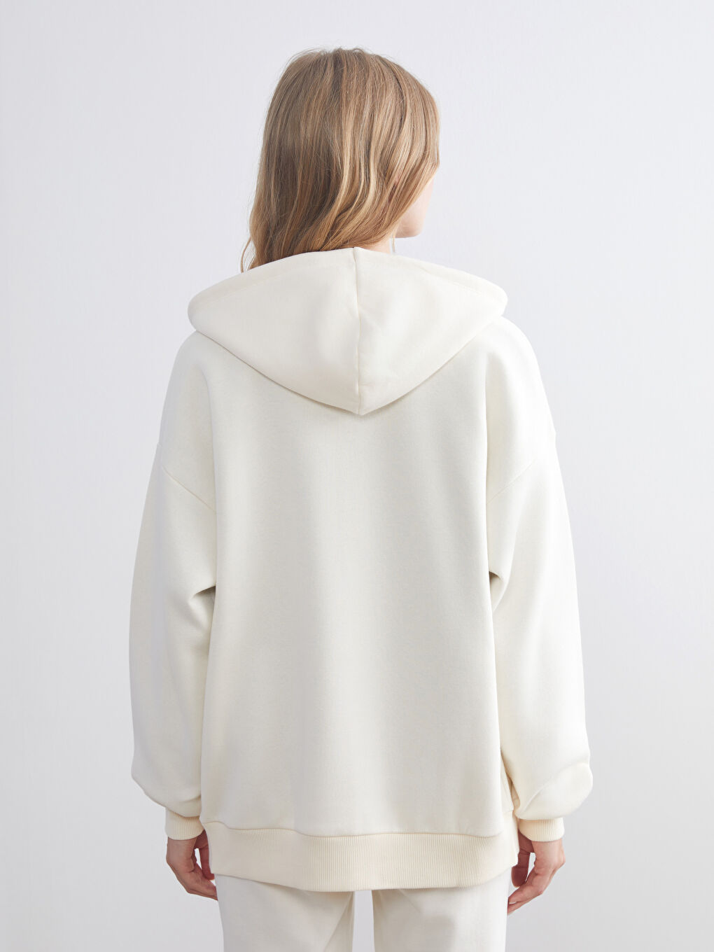 Bej Kapüşonlu Oversize Kadın Kalın Fermuarlı Sweatshirt-3