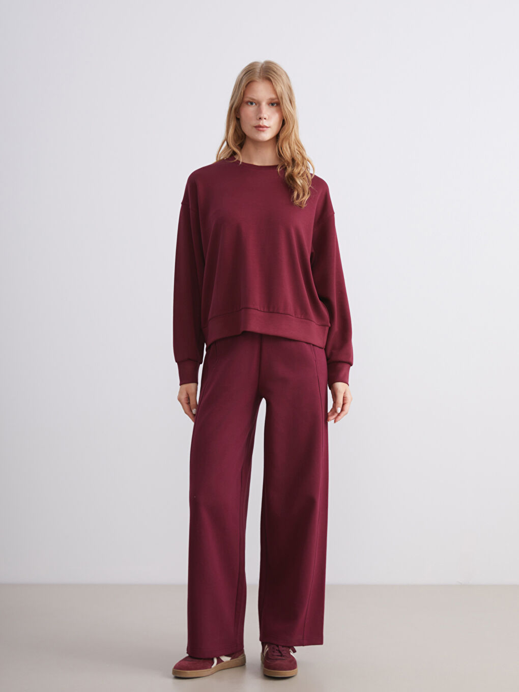 Bordo Beli Lastikli Geniş Paça Kadın Eşofman Altı