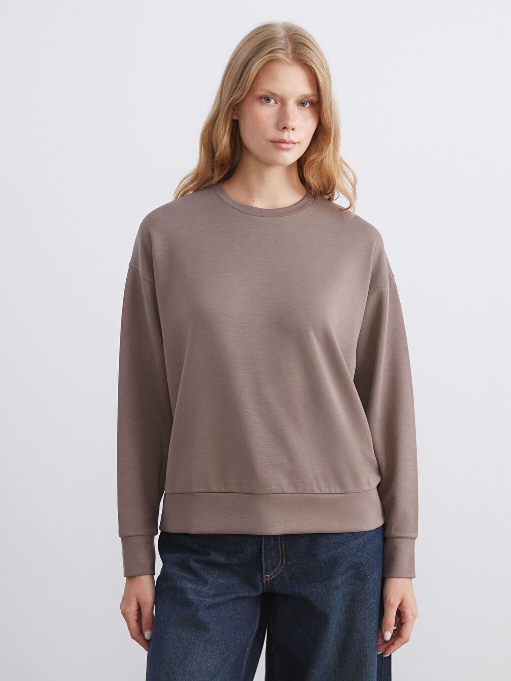 Kahverengi Bisiklet Yaka Oversize Kadın Sweatshirt-2