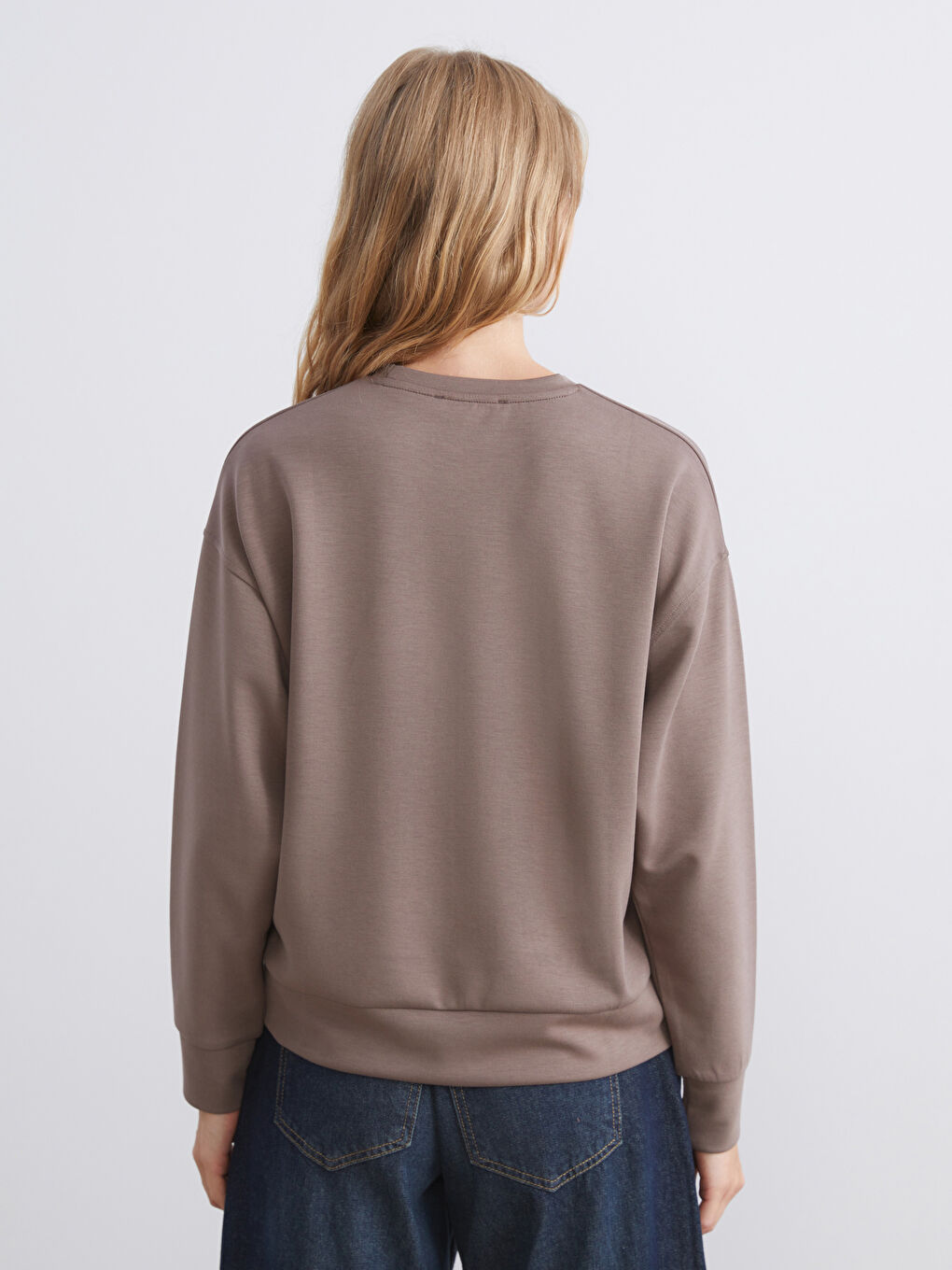 Kahverengi Bisiklet Yaka Oversize Kadın Sweatshirt-5
