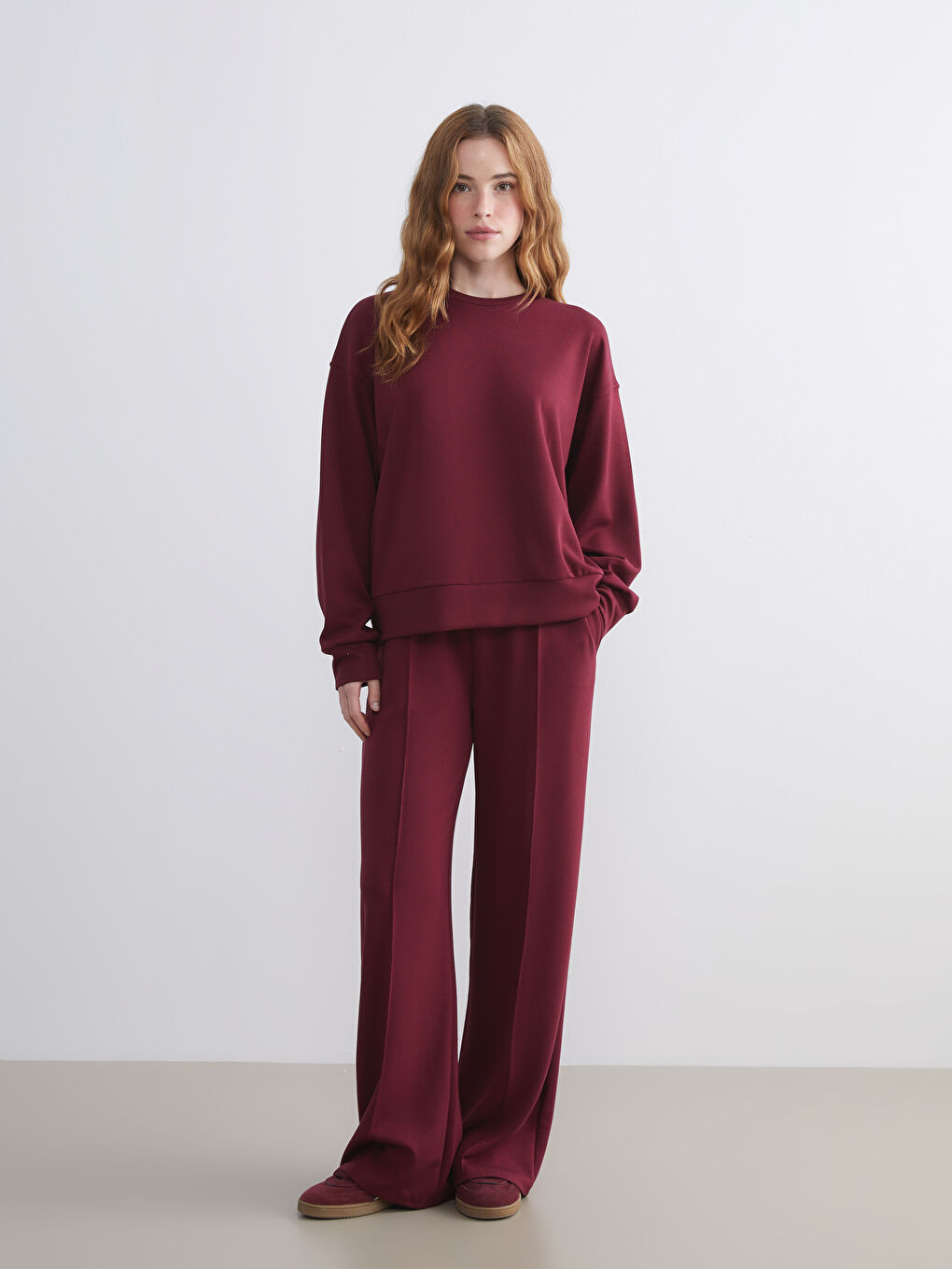 Bordo Bisiklet Yaka Oversize Kadın Sweatshirt-1