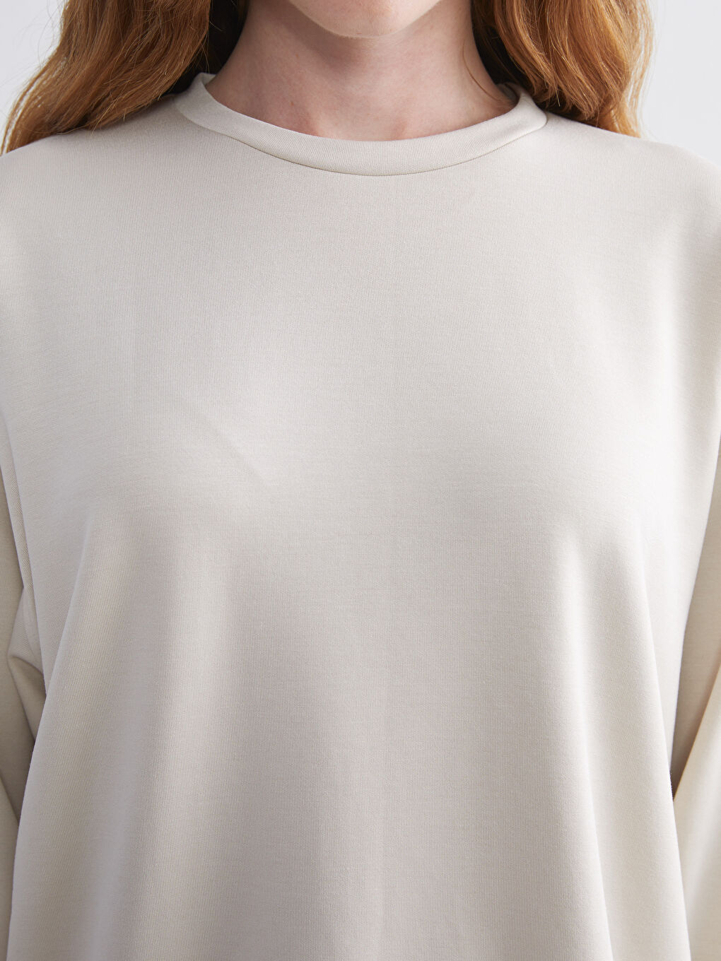 Bej Bisiklet Yaka Oversize Kadın Sweatshirt-2