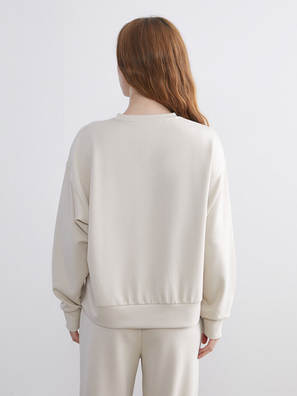 Bej Bisiklet Yaka Oversize Kadın Sweatshirt-3