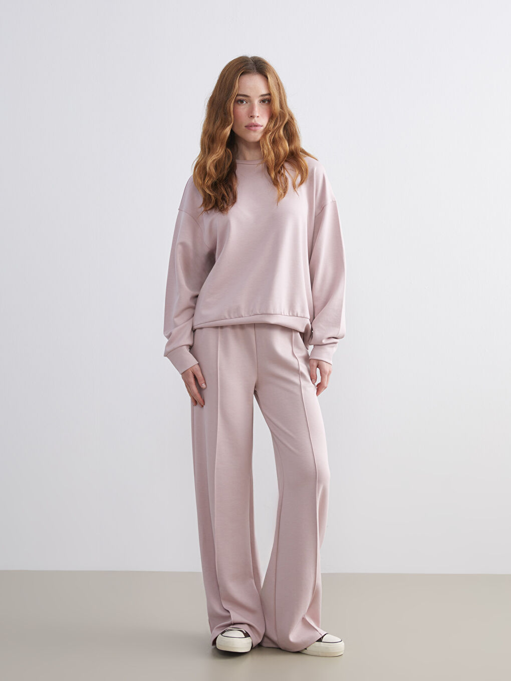 Pembe Bisiklet Yaka Oversize Kadın Sweatshirt-1