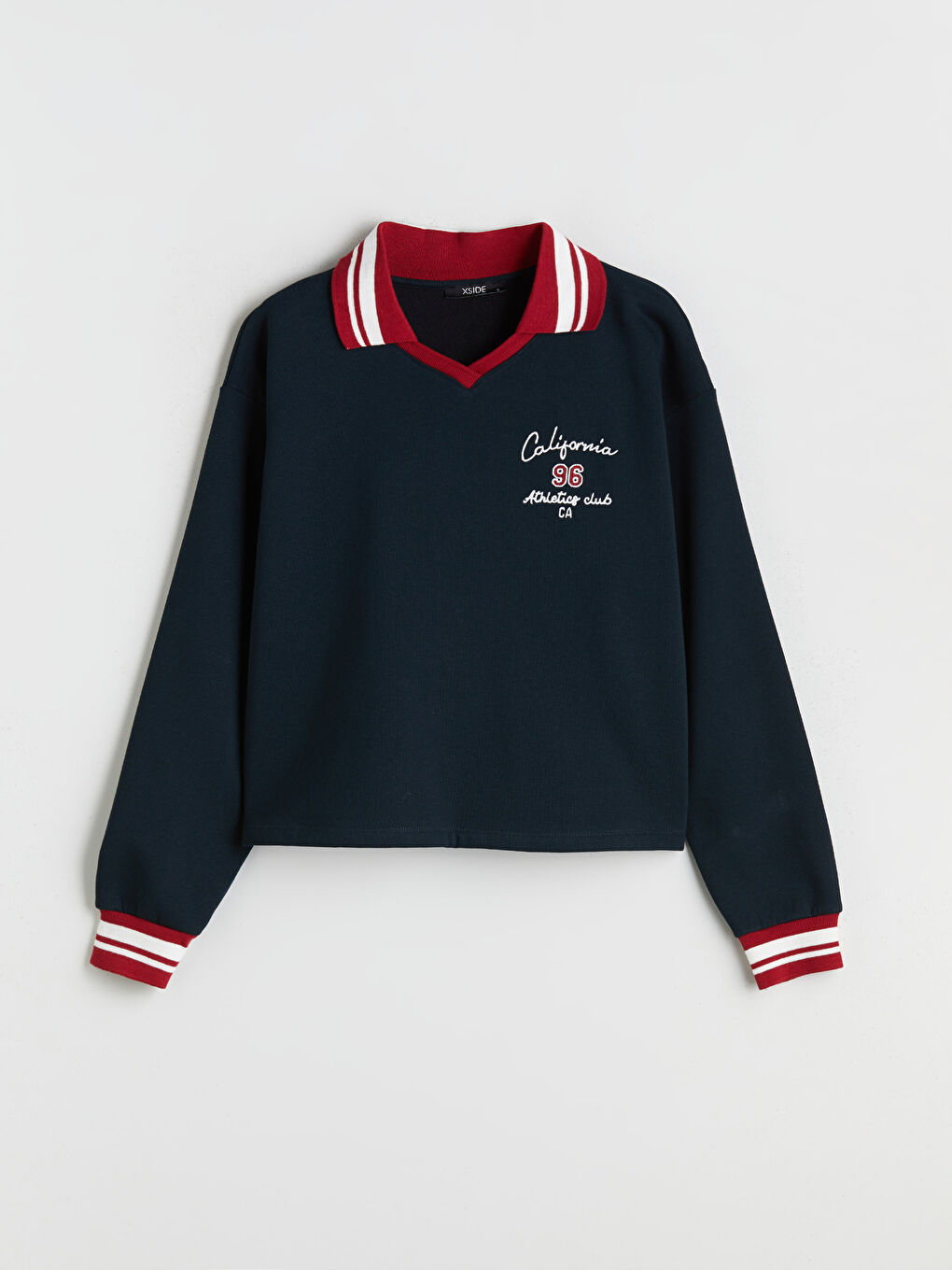 Lacivert Polo Yaka Nakışlı Kadın Kalın Sweatshirt-5