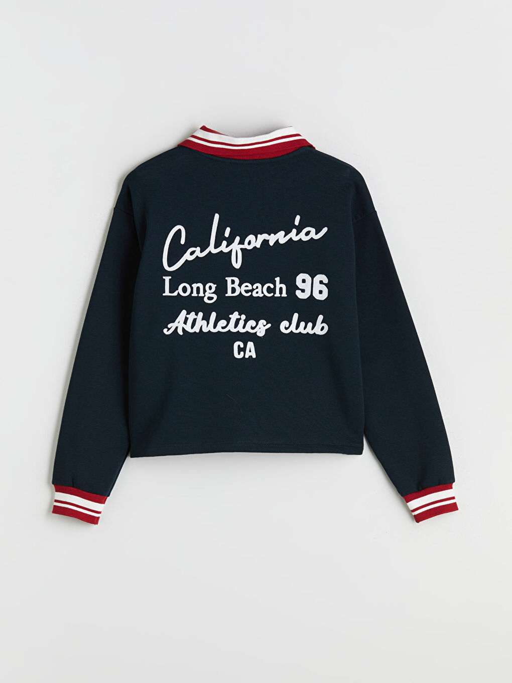 Lacivert Polo Yaka Nakışlı Kadın Kalın Sweatshirt-6