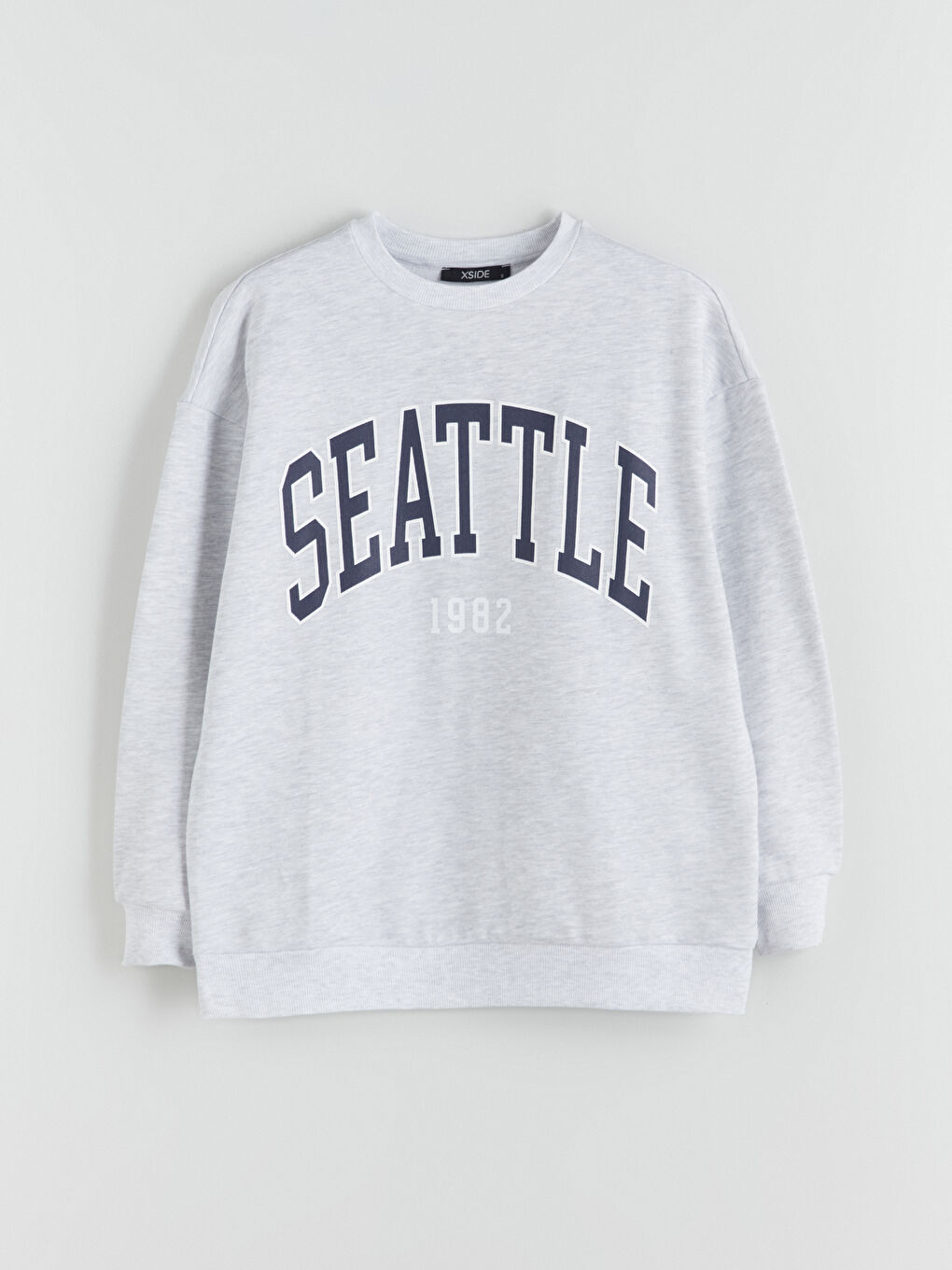 Gri Bisiklet Yaka Baskılı Oversize Kadın Sweatshirt-4