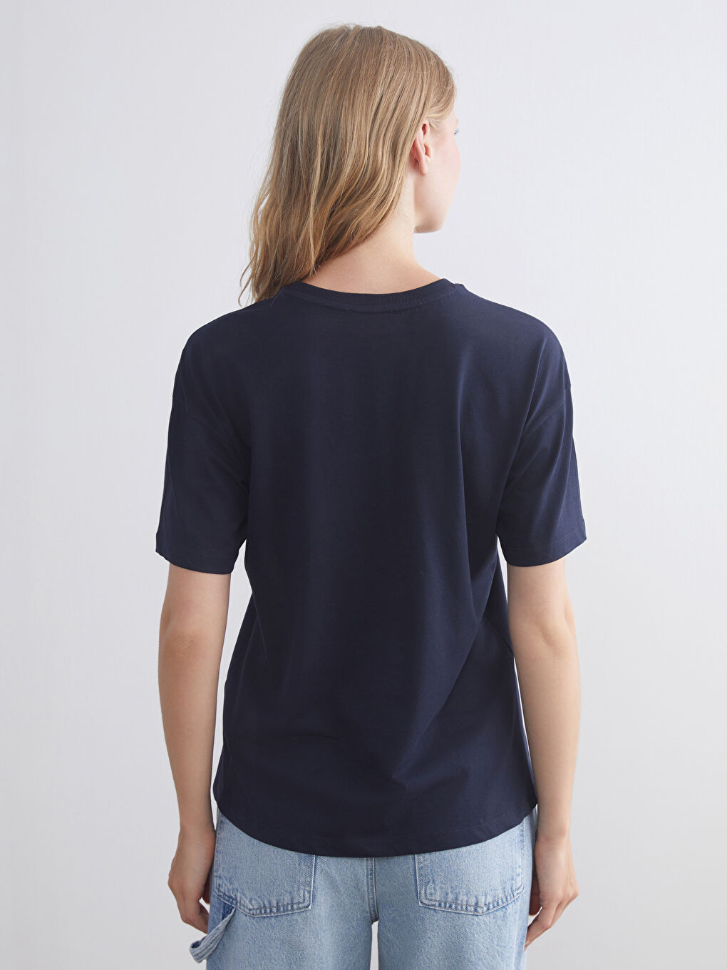 Lacivert Bisiklet Yaka Los Angeles Baskılı Kadın Tişört-3