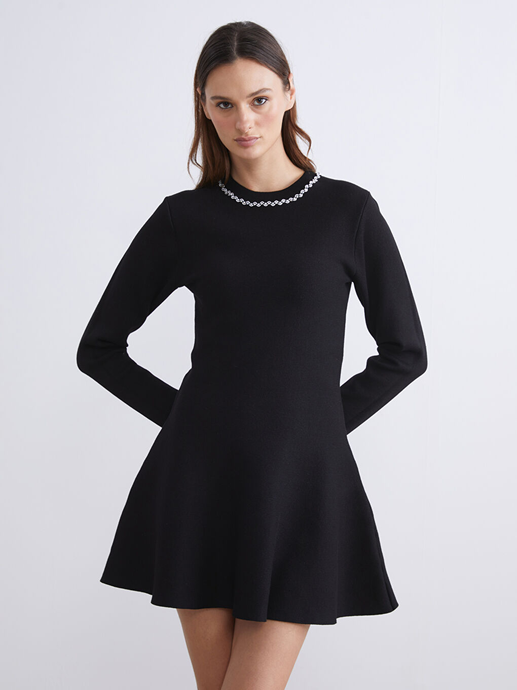 Crew Neck Rhinestone Embellished Mini Knitwear Dress