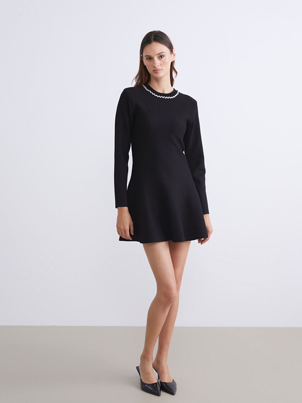 Crew Neck Rhinestone Embellished Mini Knitwear Dress-1