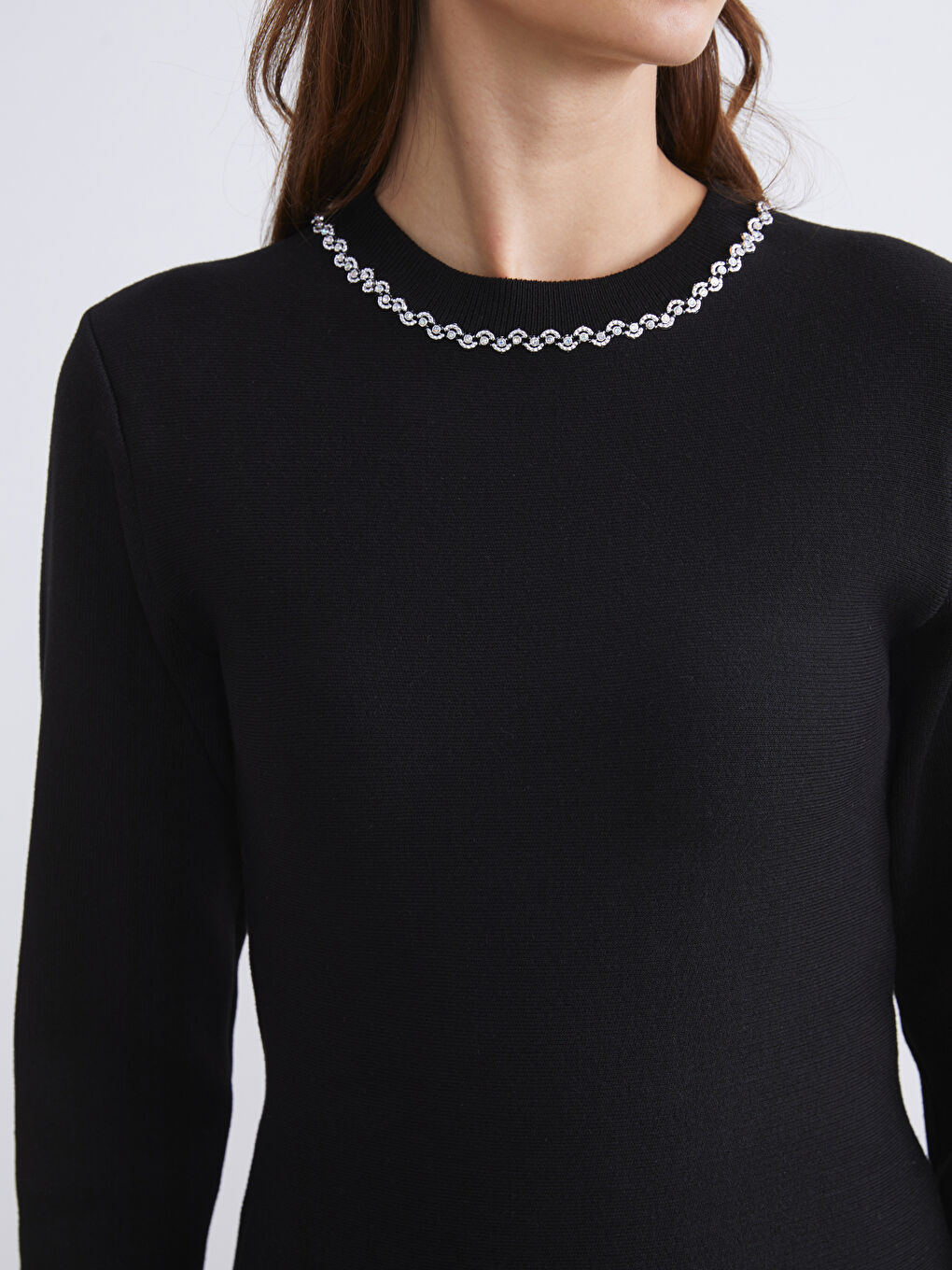 Crew Neck Rhinestone Embellished Mini Knitwear Dress-2