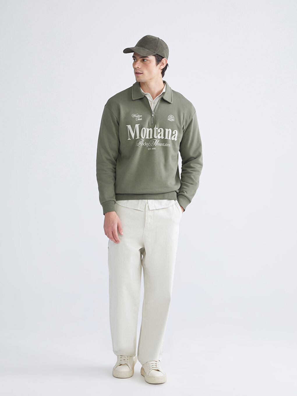 Haki Polo Yaka Baskılı Erkek Sweatshirt-1