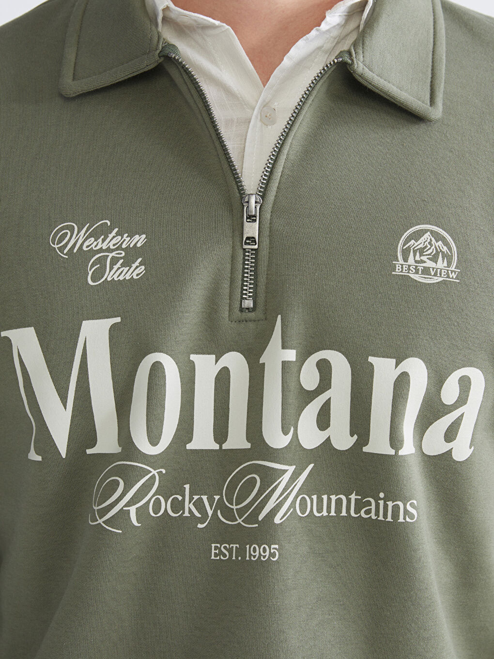 Haki Polo Yaka Baskılı Erkek Sweatshirt-2