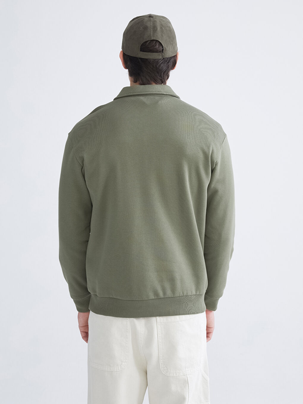 Haki Polo Yaka Baskılı Erkek Sweatshirt-3