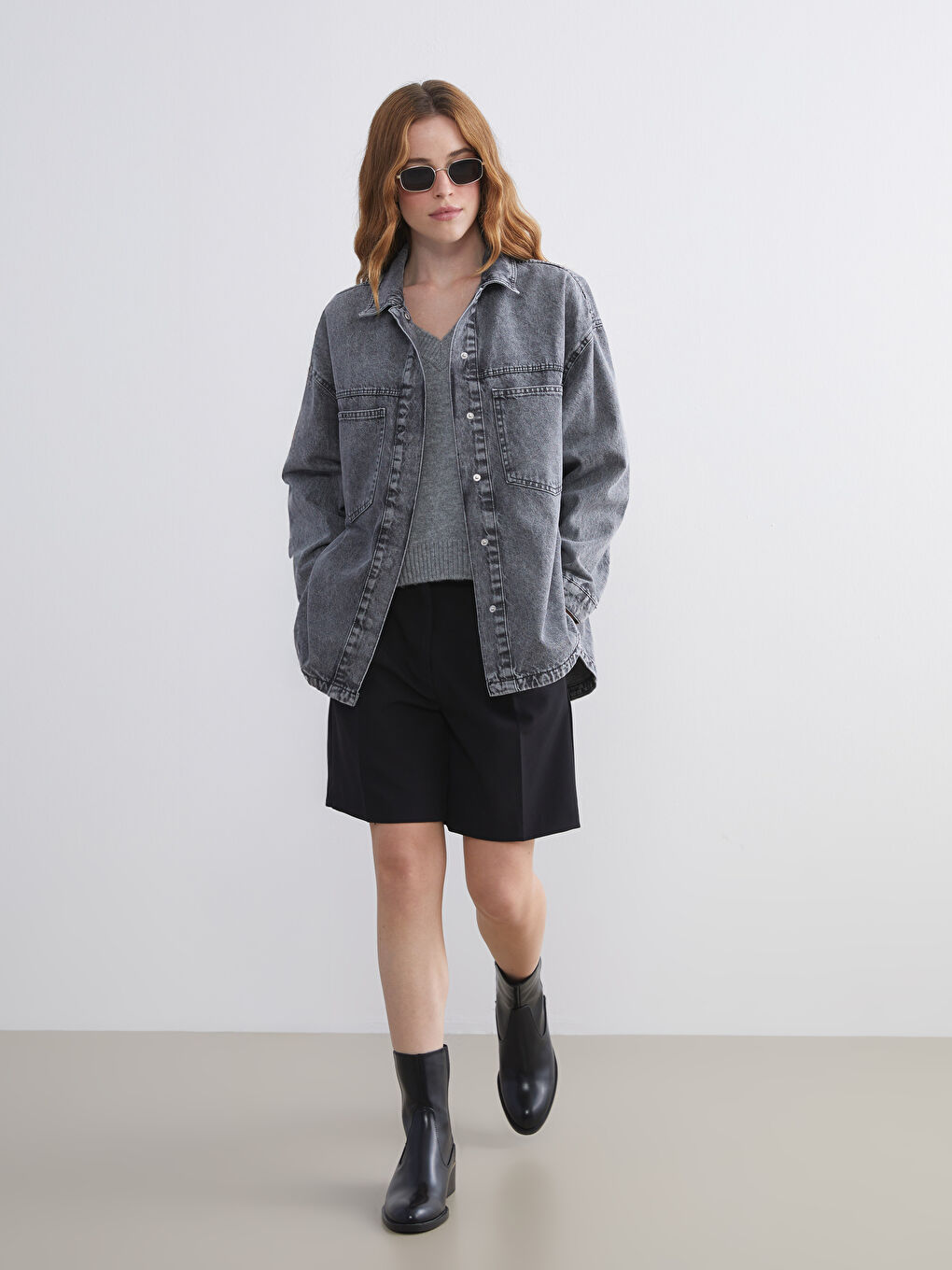 Antrasit Kadın Jean Gömlek Ceket-1