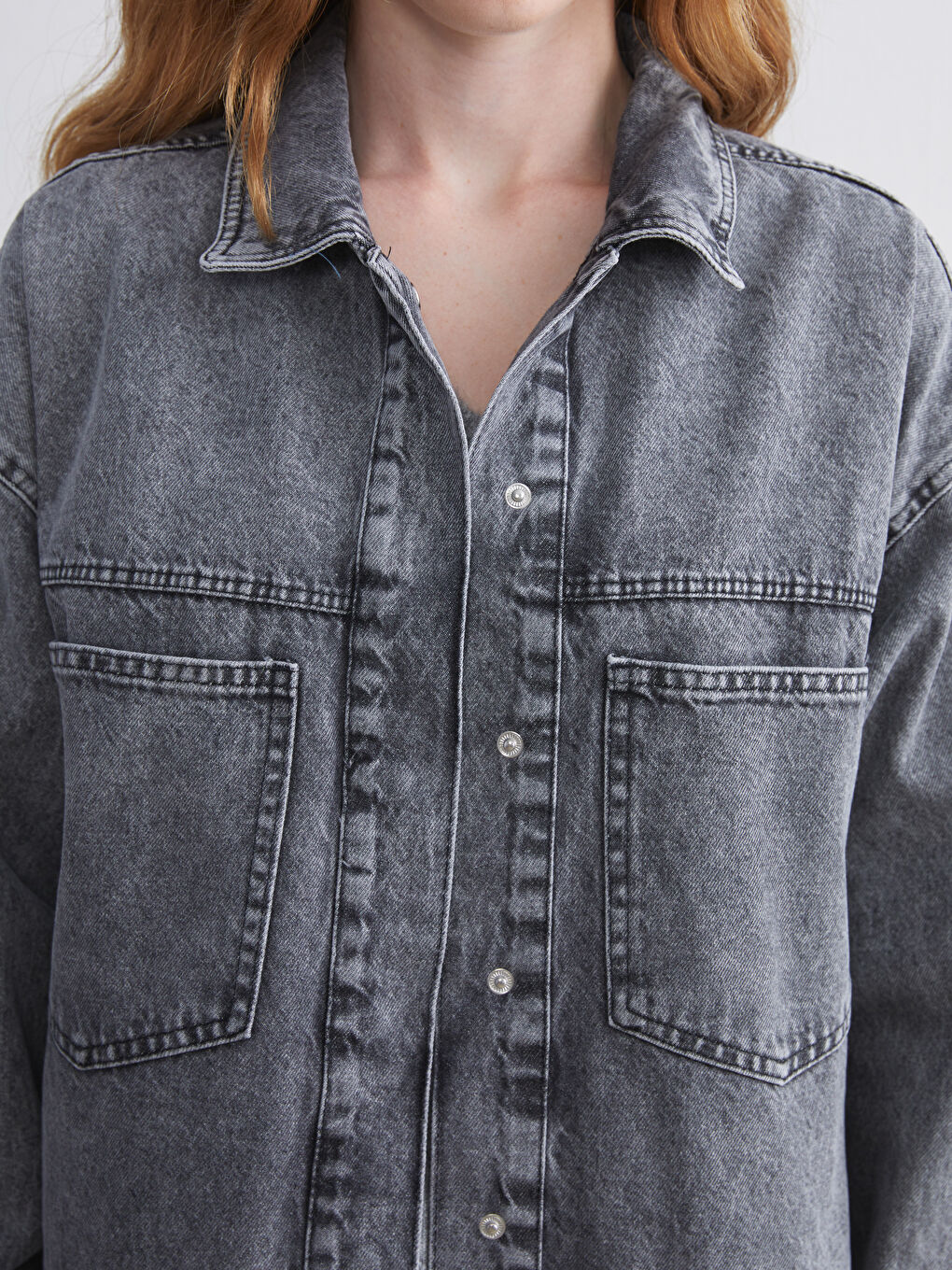 Antrasit Kadın Jean Gömlek Ceket-2