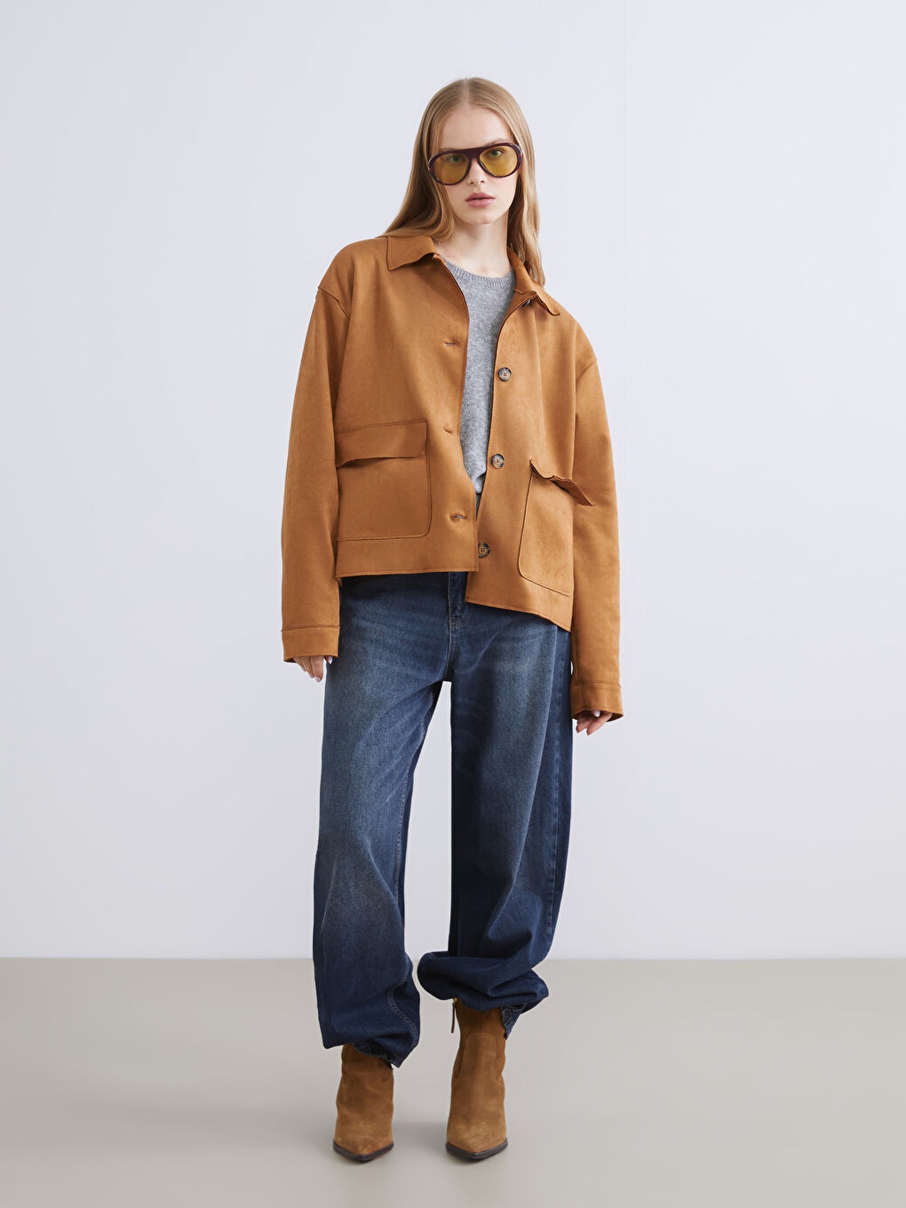 Collared Neck Women's Faux Suede Jacket-1