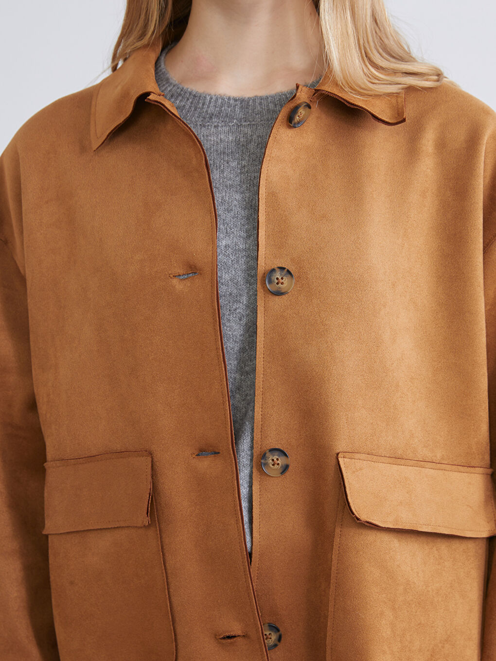 Collared Neck Women's Faux Suede Jacket-2