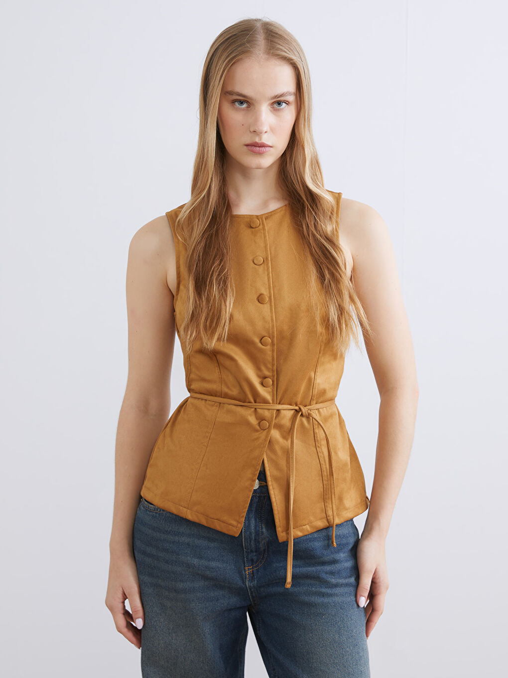 Kahverengi Bisiklet Yaka Kadın Süet Görünümlü Yelek