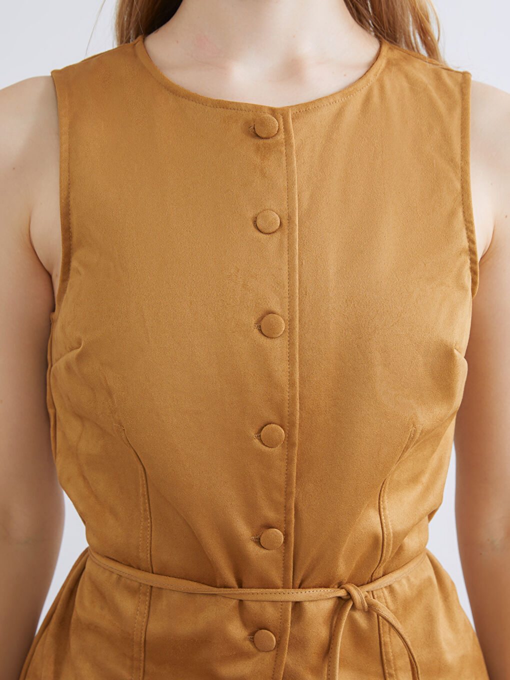 Kahverengi Bisiklet Yaka Kadın Süet Görünümlü Yelek-2