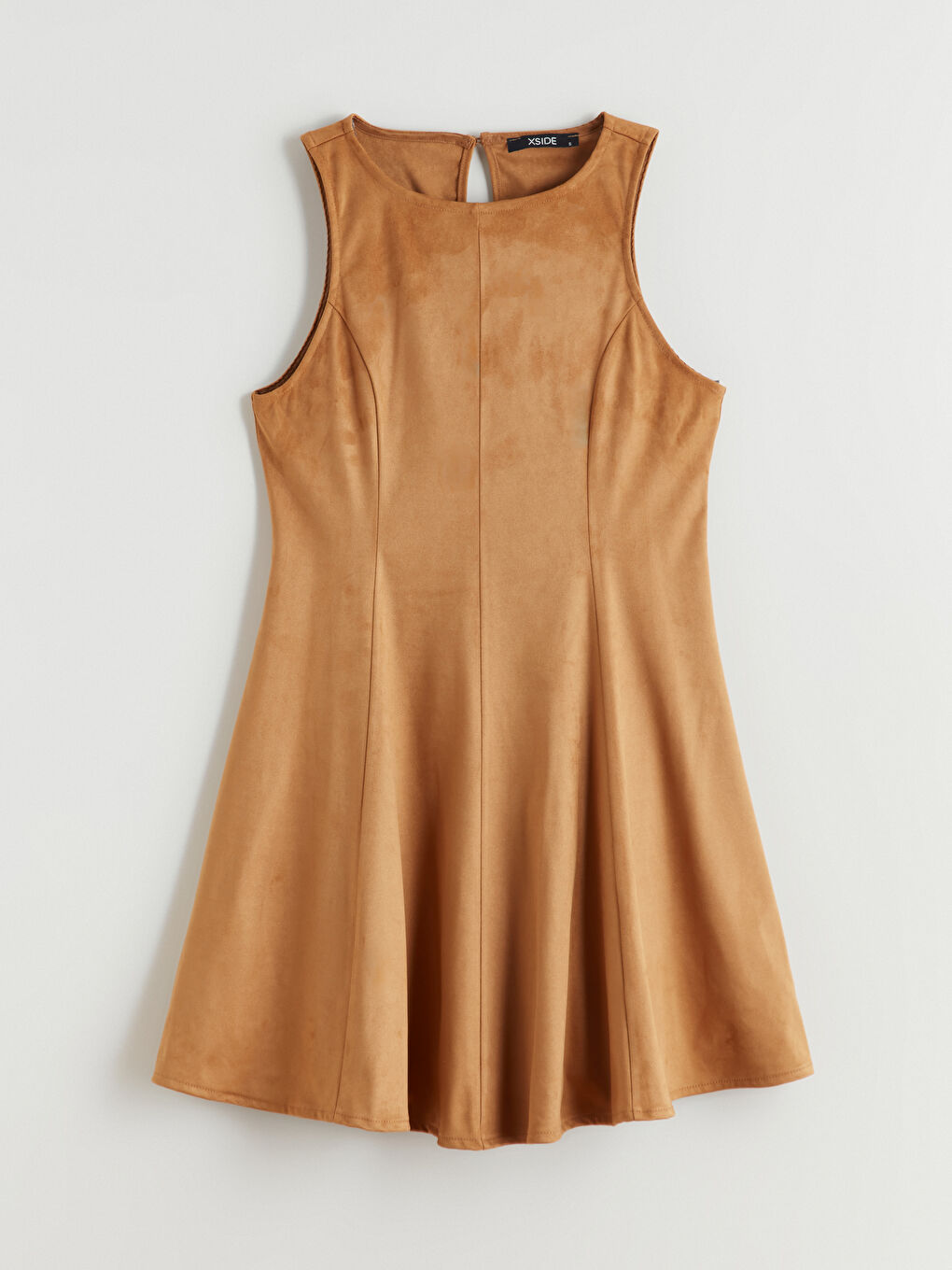 Kahverengi Belden Oturtmalı Süet Görünümlü Mini Elbise-4