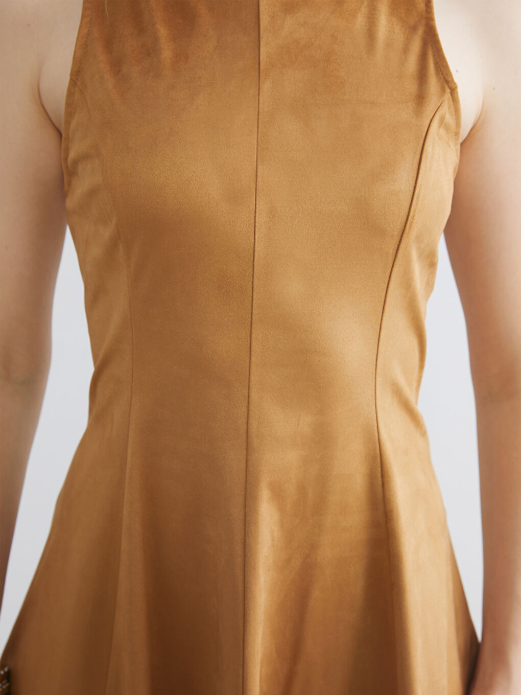 Kahverengi Belden Oturtmalı Süet Görünümlü Mini Elbise-2