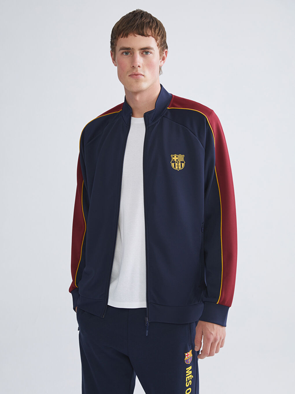 Lacivert Standart Kalıp Barcelona Baskılı Erkek Taraftar Fermuarlı Sweatshirt