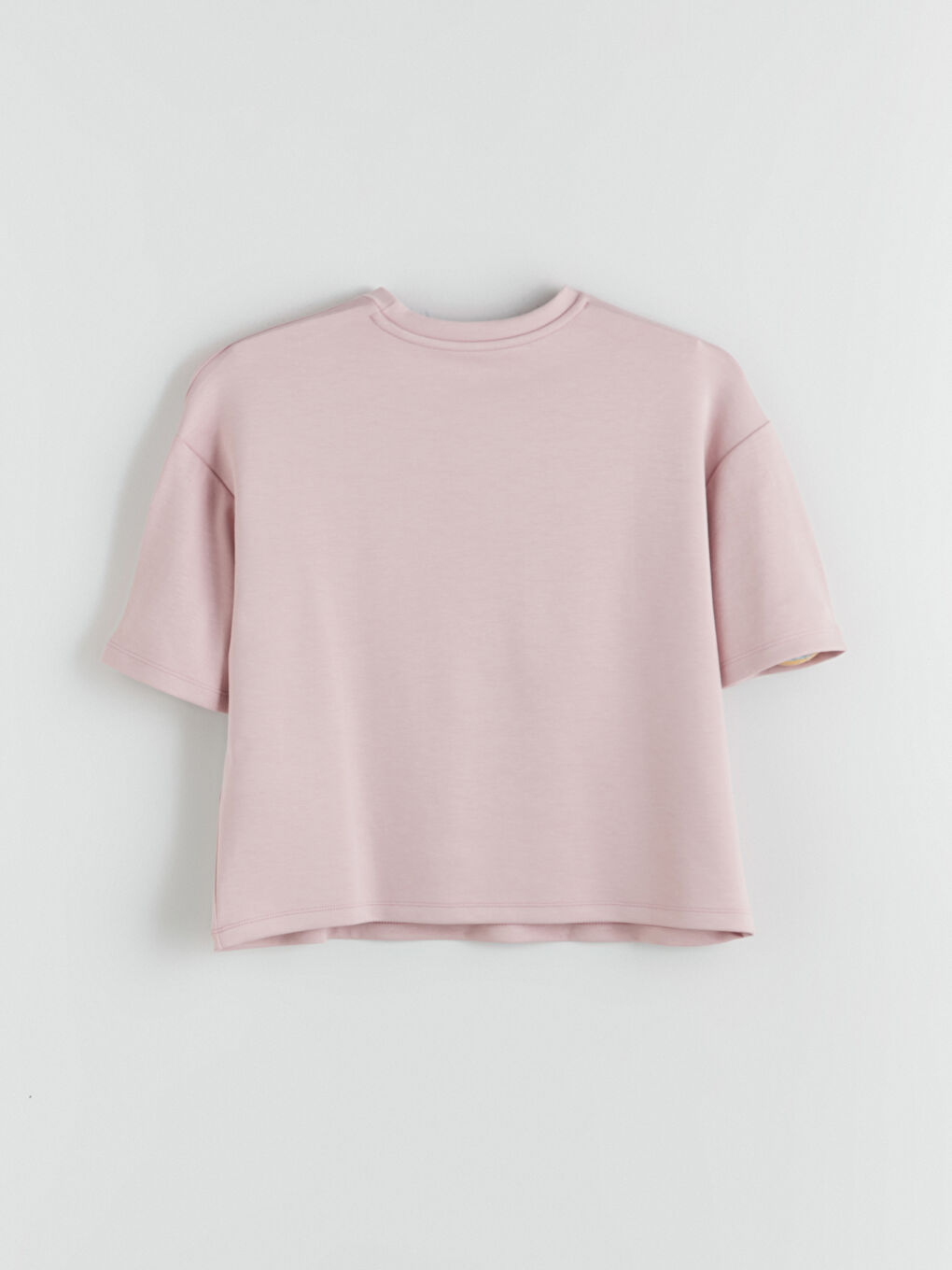 Pembe Bisiklet Yaka Oversize Kadın Tişört-4