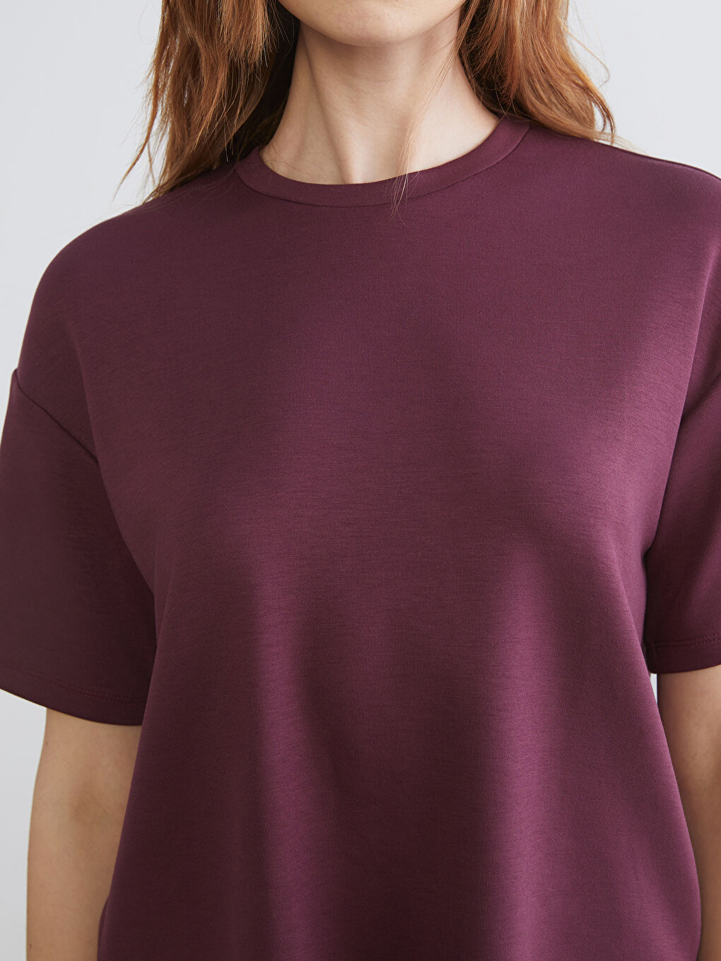 Bordo Bisiklet Yaka Oversize Kadın Tişört-2