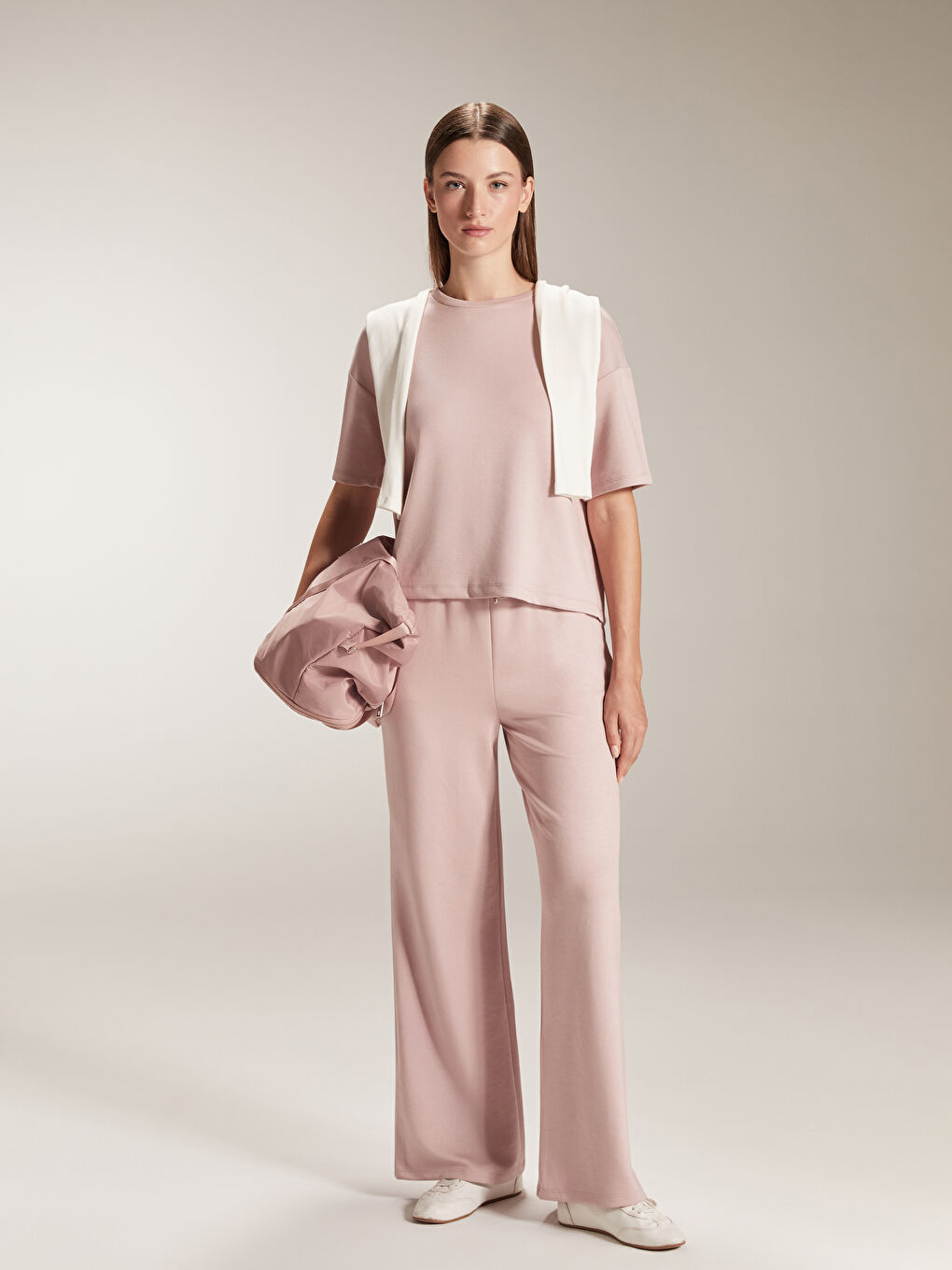 Pembe Bisiklet Yaka Oversize Kadın Tişört-1