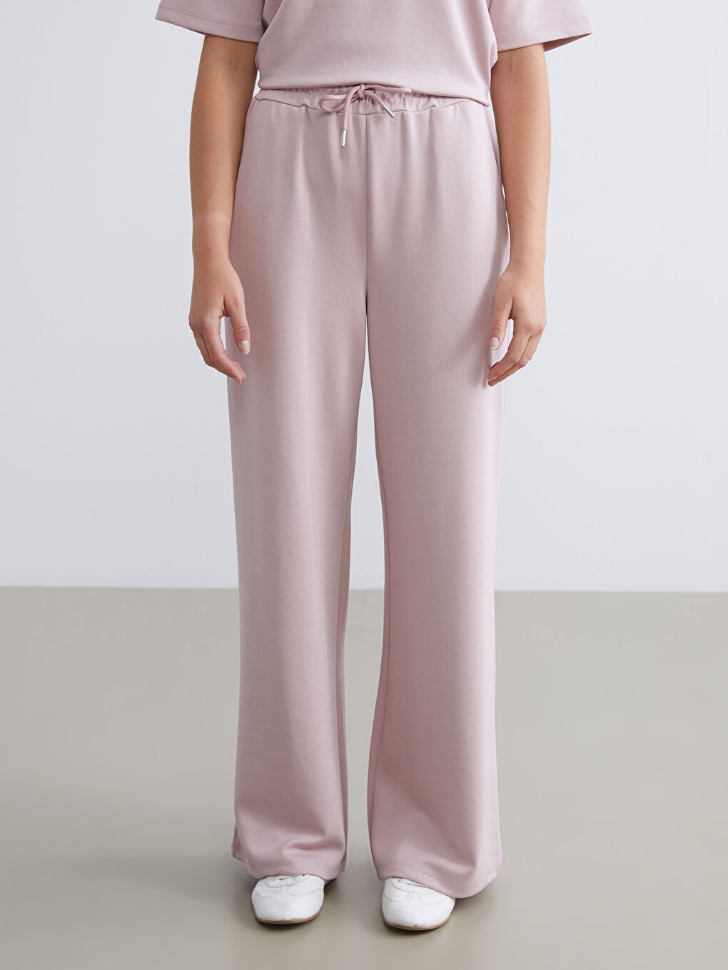 Pembe Beli Lastikli Geniş Paça Kadın Eşofman Altı-2