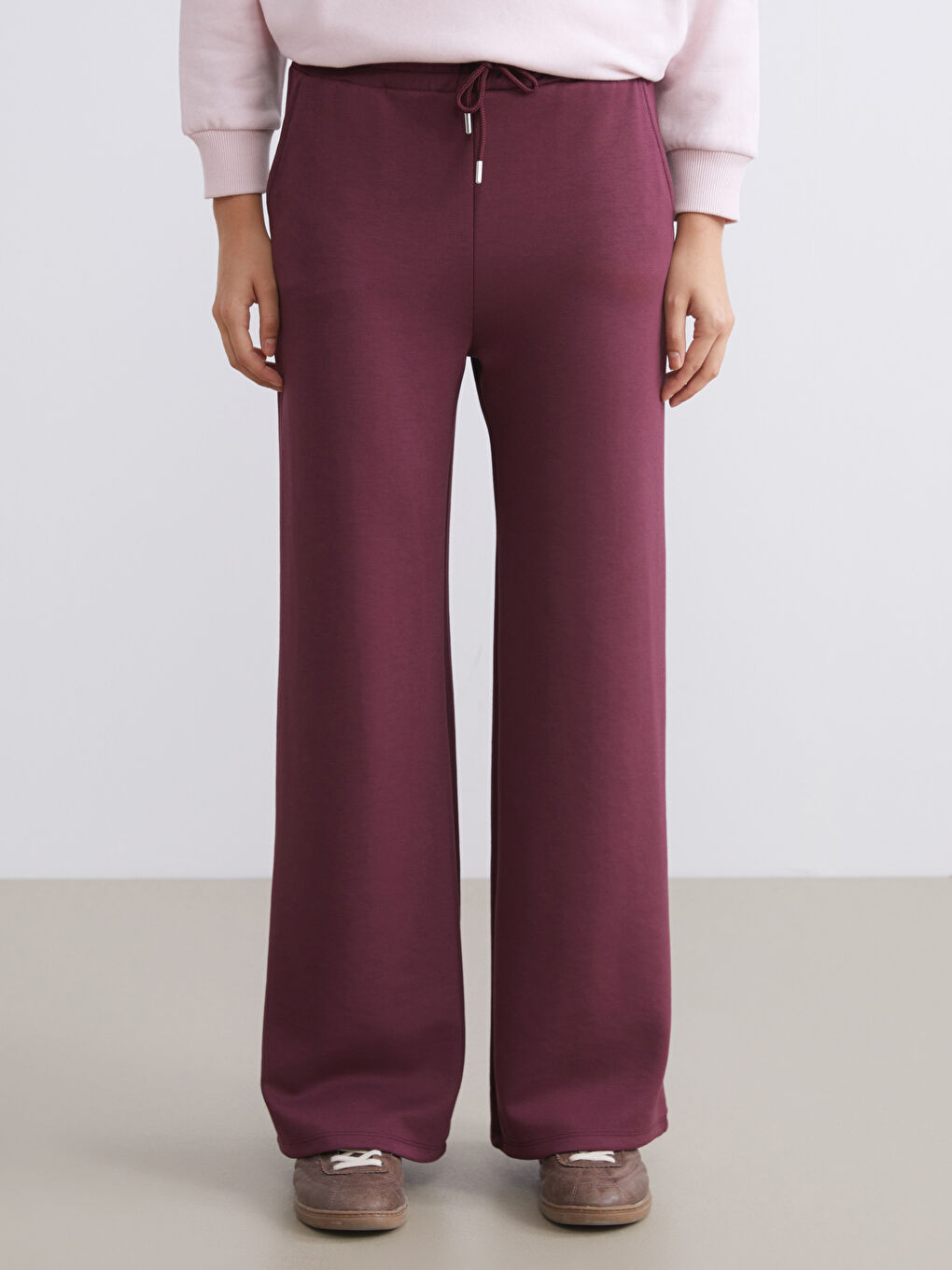 Bordo Beli Lastikli Geniş Paça Kadın Eşofman Altı-2